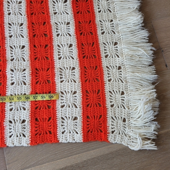Handmade Vintage Crocheted Orange/White Stripe Throw Blanket w/Detailed Squares - Picture 6 of 7